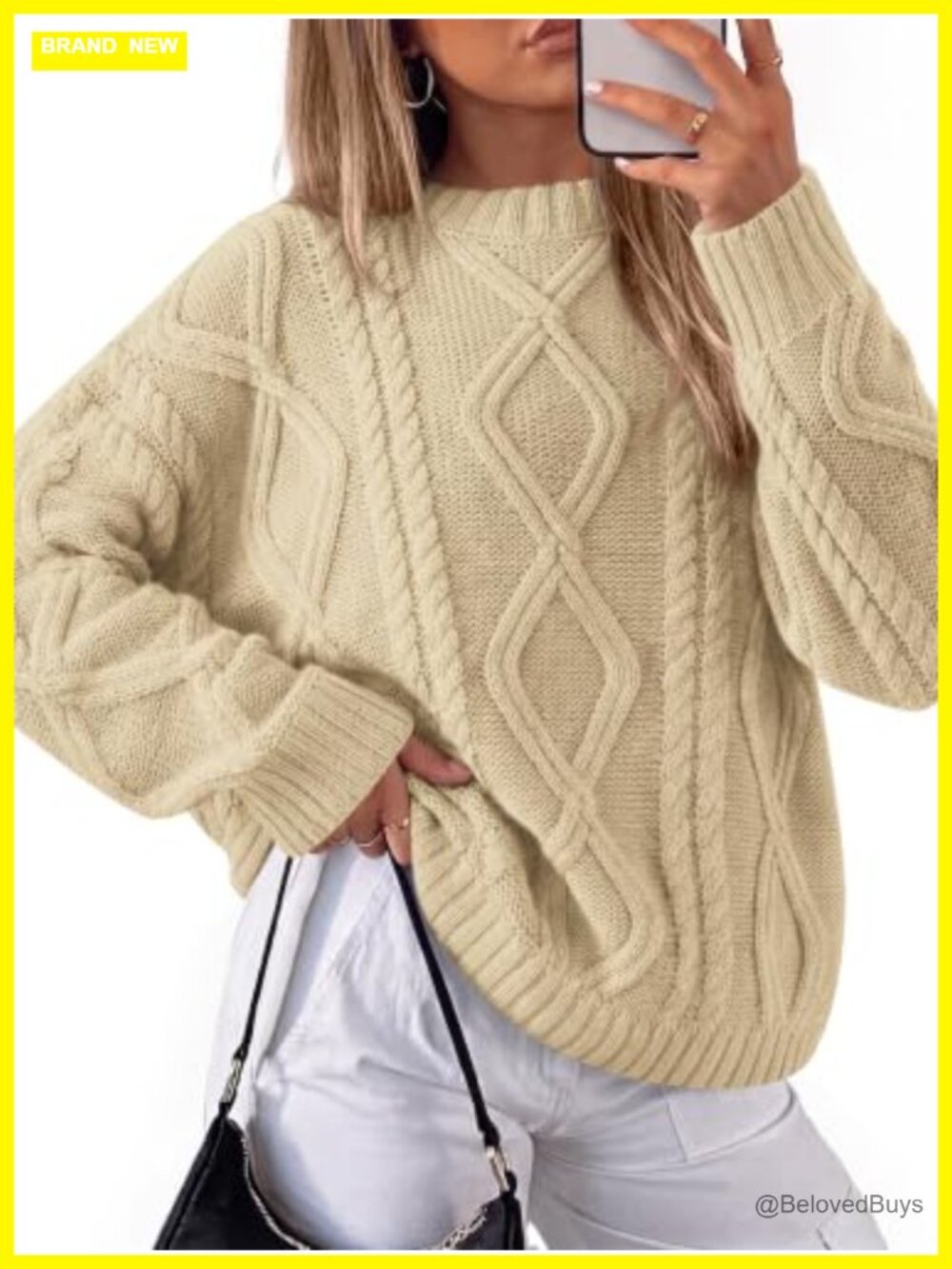 Oversized Cable Knit Sweater Pullover Crew Neck Lantern Sleeve Fall